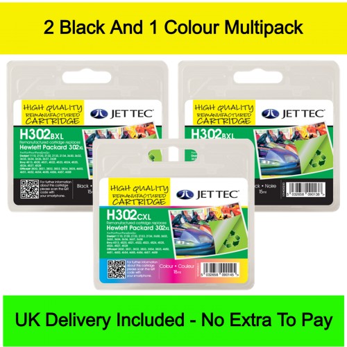 Jettec Remanufactured HP 302XL 2 Black / 1 Tri-color - High Yield Ink Cartridges 3-Pack (51ml)