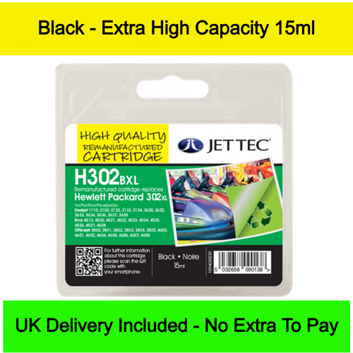 Jettec Remanufactured HP 302XL Black - High Yield Ink Cartridge (15ml)