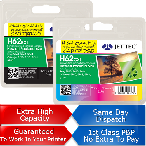 Jettec Compatible HP 62XL 2-pack High Yield Black and Tri-color Ink Cartridges (40ml)